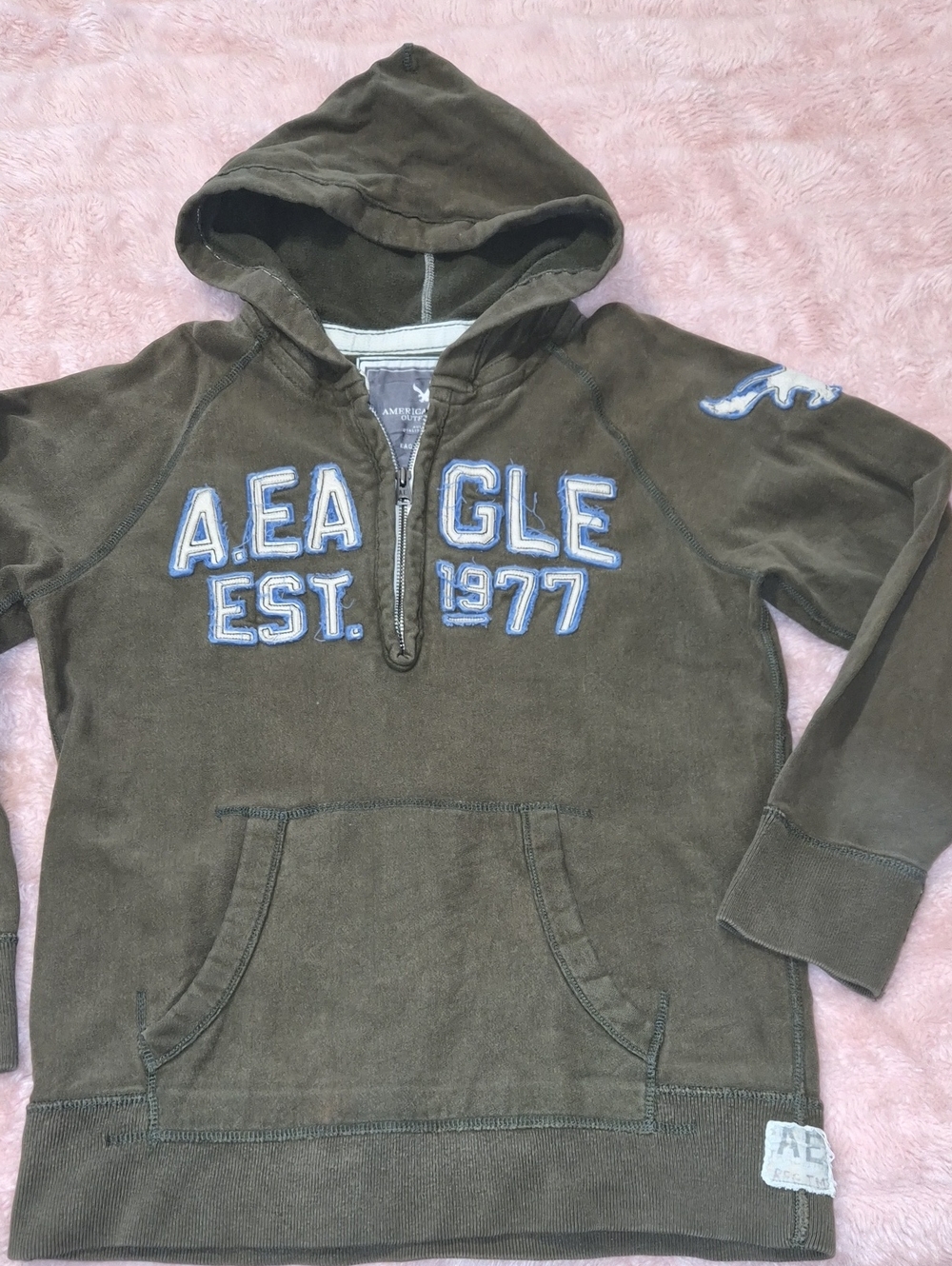 American Eagle Outfitters Olive Green Hooded Pullover with Blue Lettering